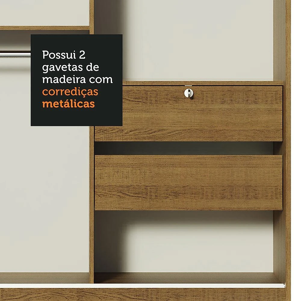 Guarda-roupa solteiro madesa luke 2 portas de correr de espelho - rustic