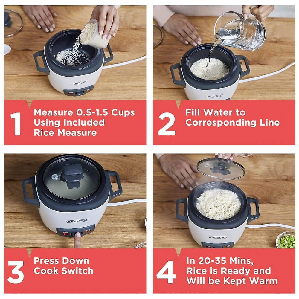 Panela Elétrica de Arroz BLACK+DECKER 3 Copos, 1,5 Copo de Arroz Cru, 3 Copos Cozidos, Cesto de Cozimento a Vapor, Tigela Antiaderente Removível,