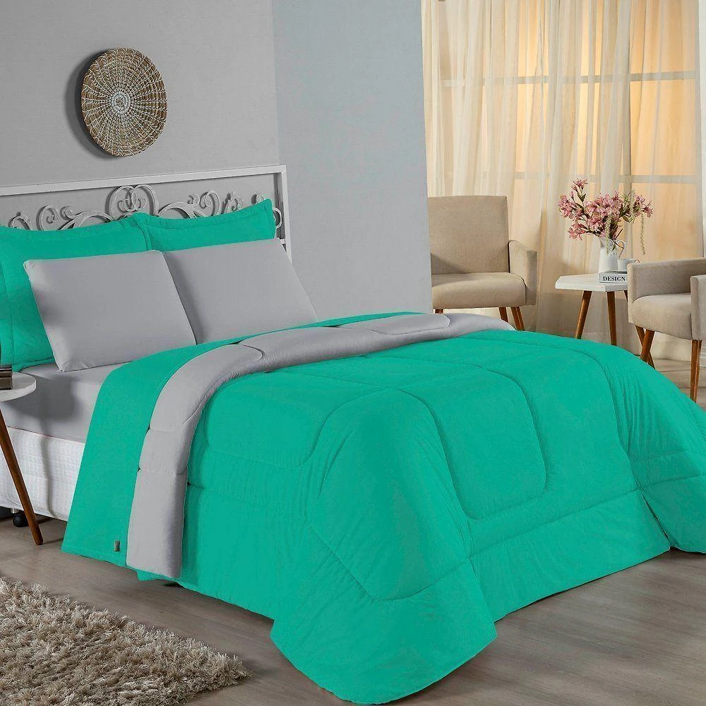 Edredom Queen Nobre 1 Peça Dupla Face 2,40m X 2,60m Malha 100% Algodão - Jade / Cinza
