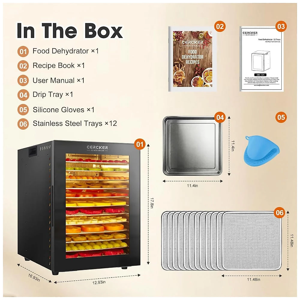 Desidratador de Alimentos Cercker Preto 12 Bandejas de Aço Inoxidável 1000W com Controle Digital 120V