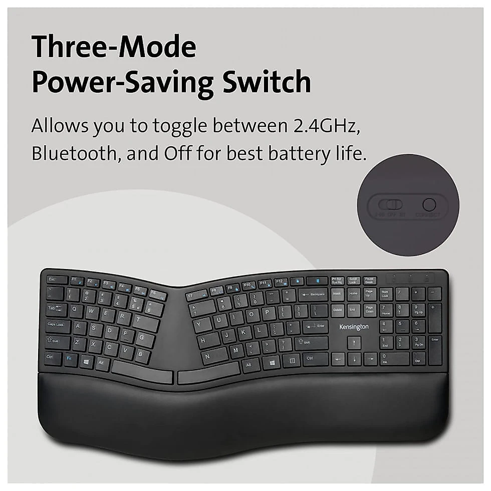 Kensington K75401US Teclado Ergonômico Dividido Sem Fio Recarregável Reduz a Tensão das Mãos, Preto