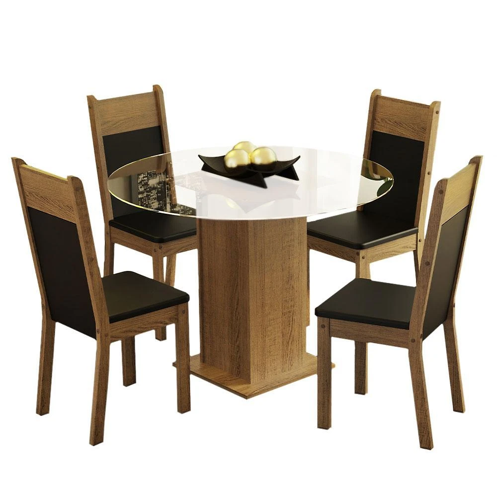Conjunto sala de jantar madesa beta mesa tampo de vidro redondo 4 cadeiras - rustic/preto