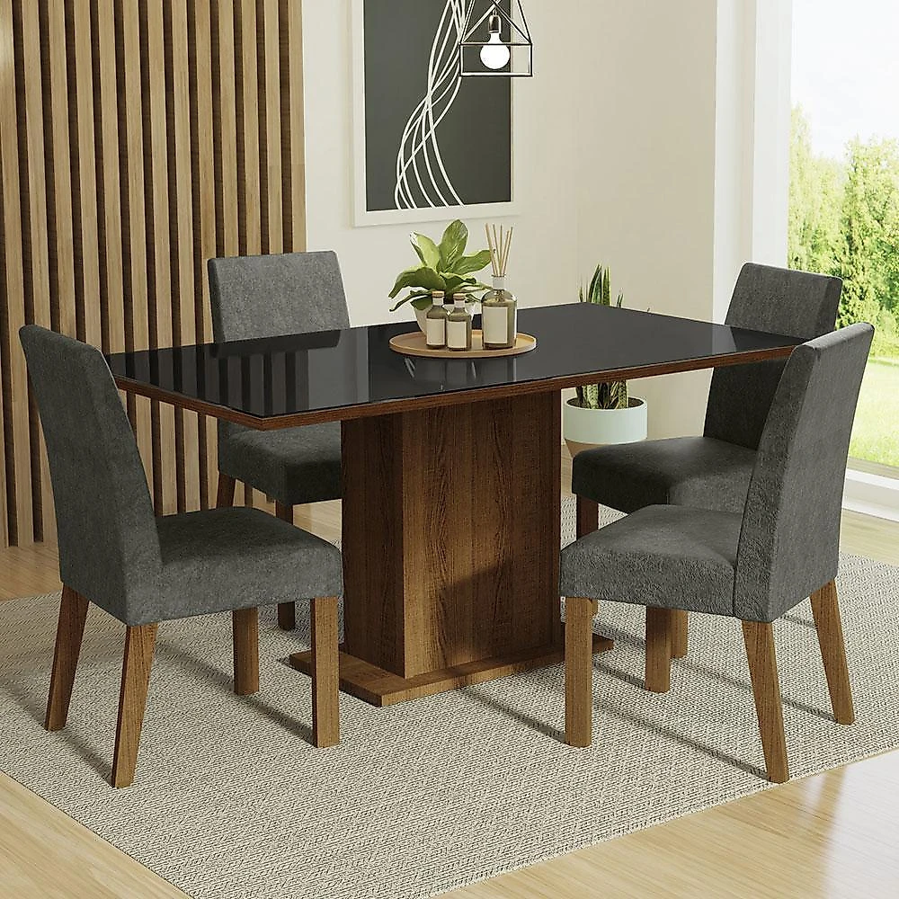 Conjunto sala de jantar mesa tampo de vidro 4 cadeiras rustic/preto/silver avril madesa