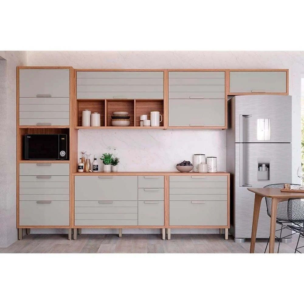 Cozinha Completa Eloise 3 Portas 2 Gavetas MDF 209cm Amadeirado Cinamomo Platina