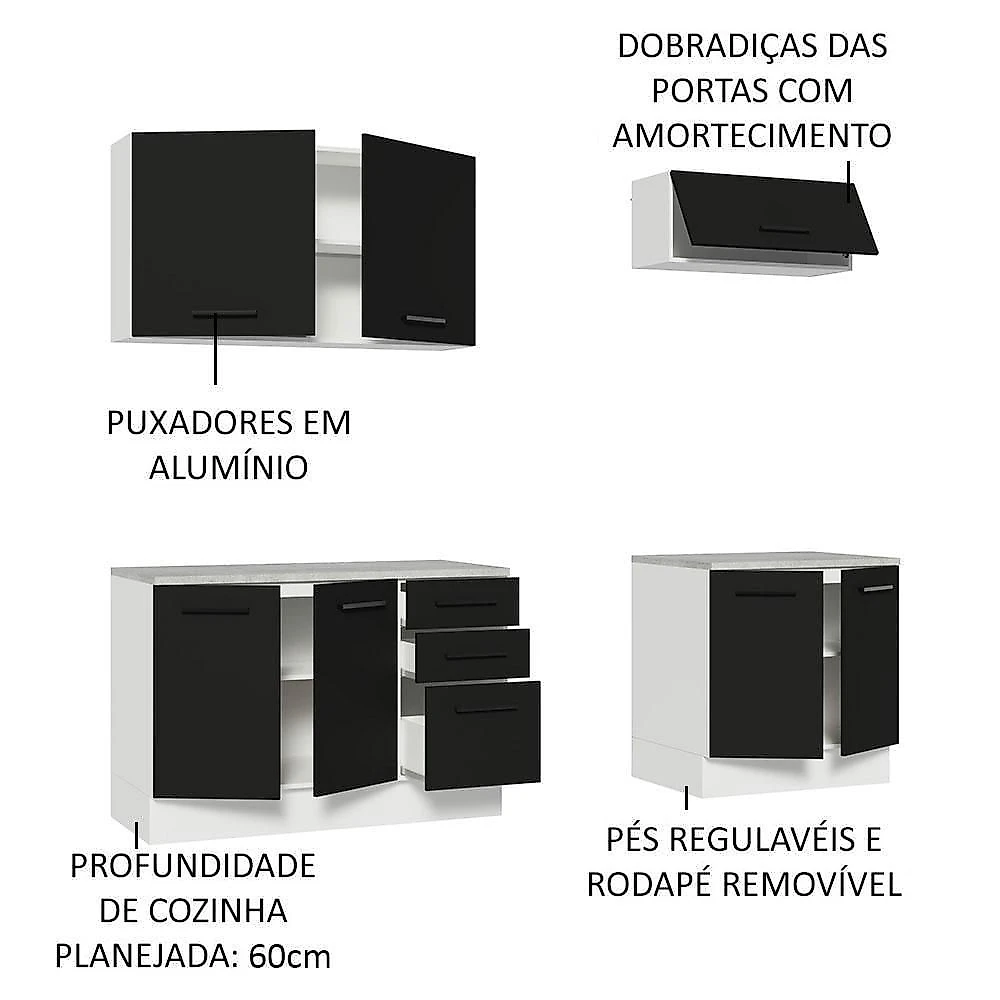 Kit Com 2 Balcões E 2 Armários Aéreos Multiuso 200cm Branco/preto Agata Madesa Branco/preto