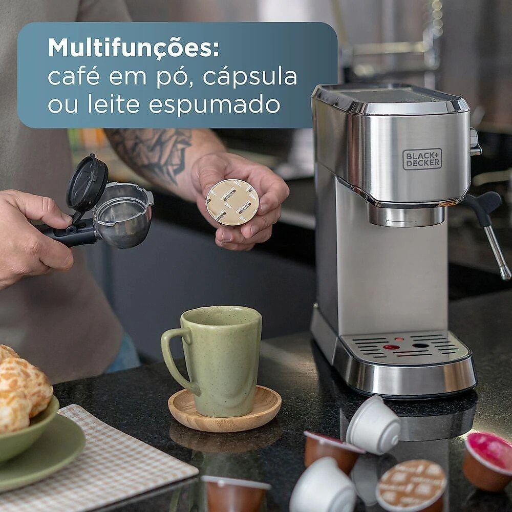 Cafeiteira espresso black+decker cea1200g gourmand gris 1200w multifunções inox 110