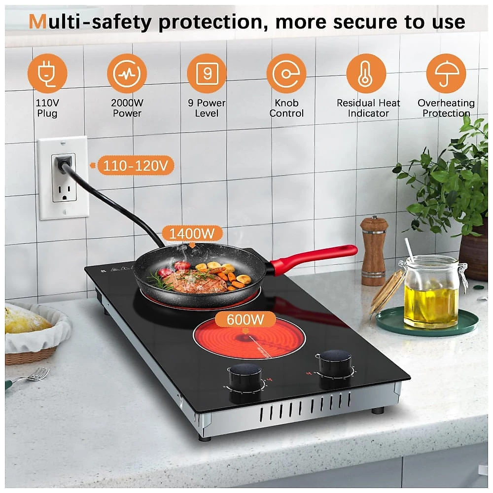 Cooktop Elétrico Karinear 110V 2 Bocas 30 cm Controle de Botão Cooktop Cerâmico Embutido, 9 Níveis de Aquecimento, Aviso de Superfície Quente,