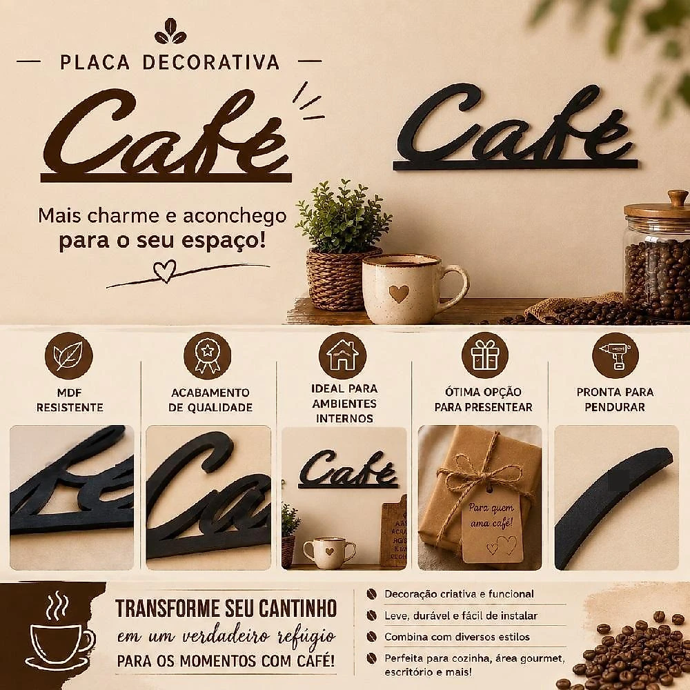 Placa Decorativa Cafe Cantinho do Cafe Vintage Mdf 20x7cm para Parede Cozinha Area Gourmet
