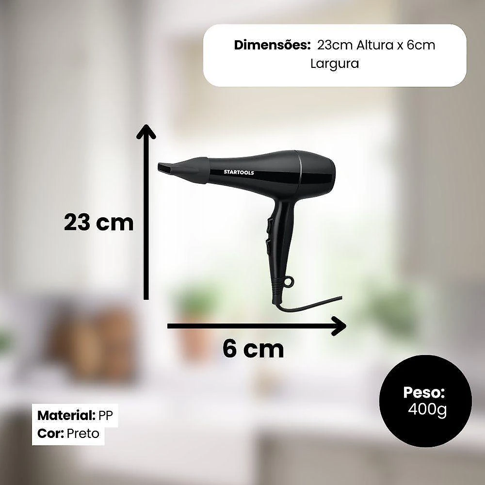 Secador de Cabelo Profissional 1800W 2 Temperaturas Preto Startools