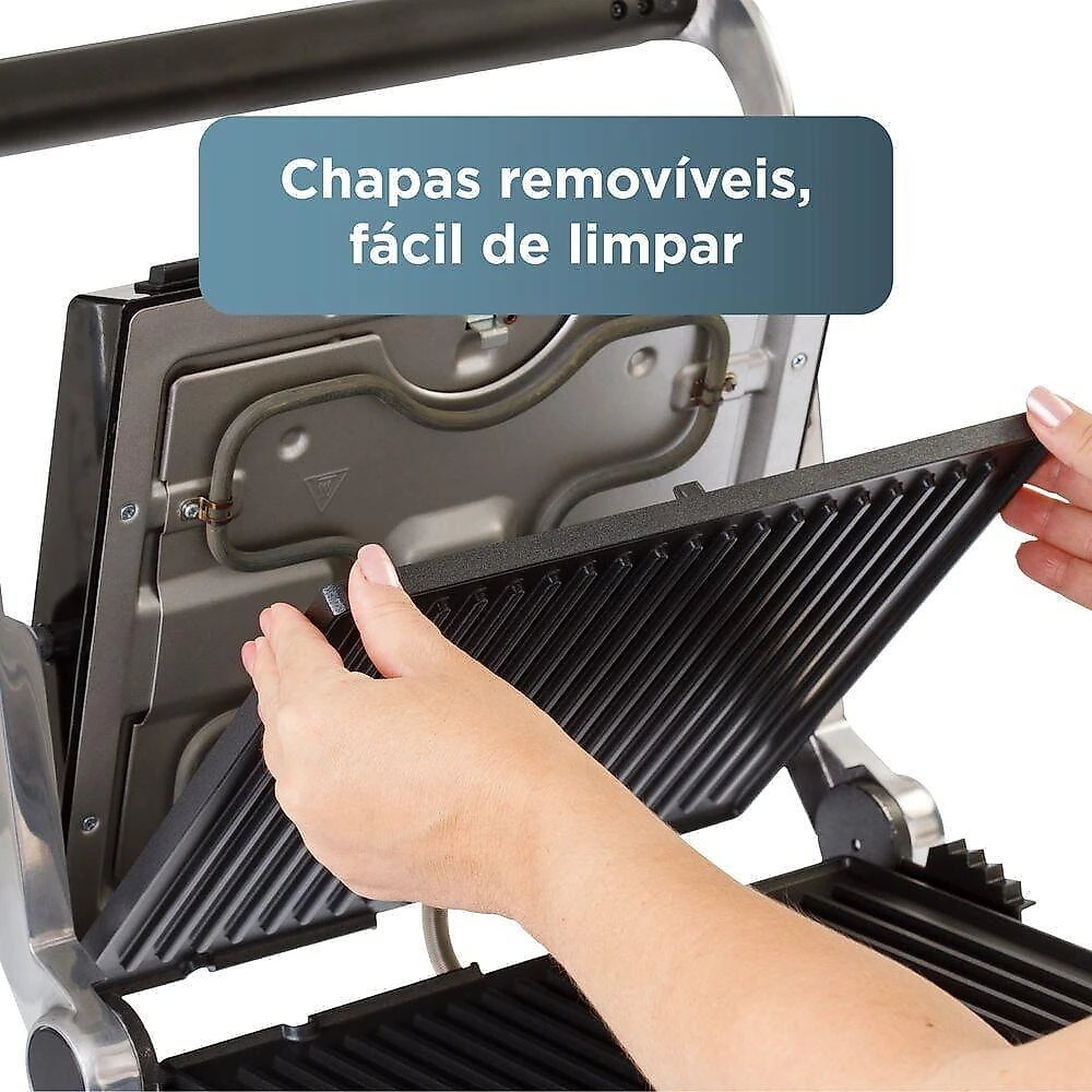 Grill elétrico black+decker g1500g gourmand gris 1500w abertura 180° chapas removíveis antiaderente inox 110