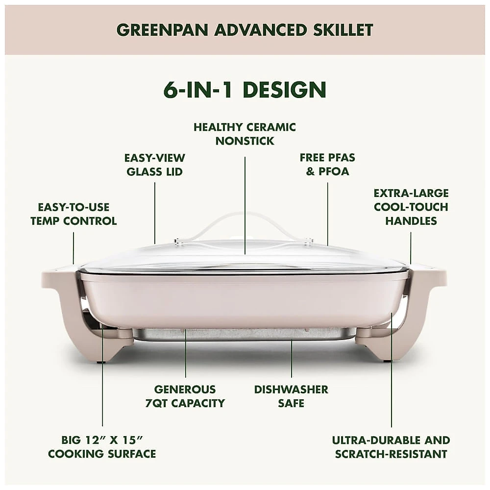 Frigideira Elétrica GreenPan Advanced 30 X 38 cm com Tampa, Capacidade de 6,6 Litros para Refeições em Família, Revestimento Cerâmico Antiaderente