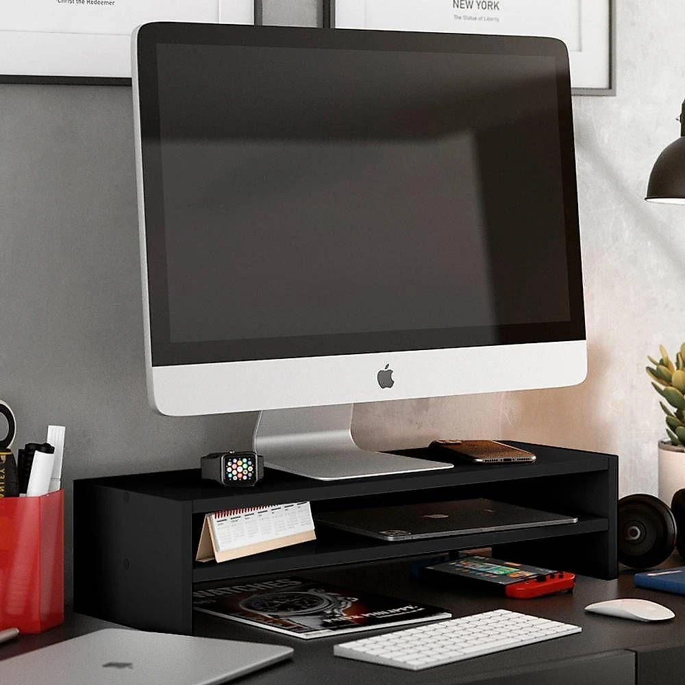 Kit 04 Suportes Stand Base Tela Monitor Soft Elevado 65cm Em Mdf Com 01 Prateleira Preto