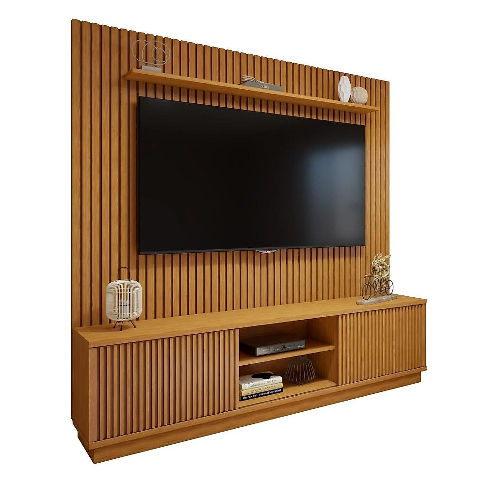 Rack com Painel para TV até 75 Polegadas Ripado 100% MDF sem Led 220cm Paris Arezzo Conjunto Rack Arezzo 220cm com Painel Ripado para Tv de até 75 Polegadas Paris Naturalle