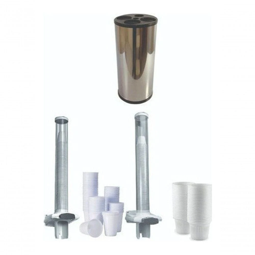 Kit Lixeira Copos + Dispensador para Água e Café em Aço Inox com 4 Compartimentos para Ambientes