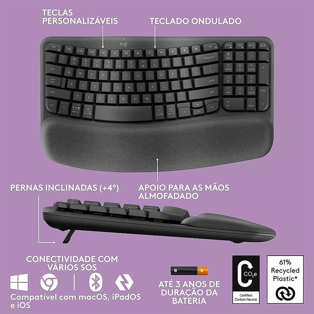 Teclado Sem Fio Logitech Wave Keys, Bluetooth, Layout US, Com Design Ondulado, Ergonômico, Grafite - 920-012281