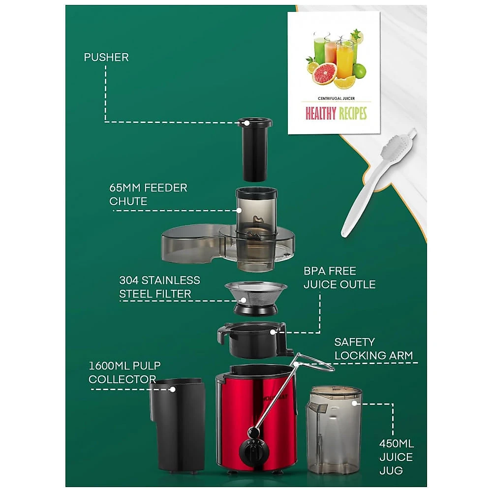 Extrator de Sucos HOUSNAT, Centrífuga com Motor de 400 W, Amplo Tubo de 65mm para Frutas e Vegetais Inteiros, Extrator de Suco com 3 Velocidades, Vers Extrator de Sucos HOUSNAT, Centrífuga com Motor de 400 W, Amplo Tubo de 65mm para Frutas e Vegetais Inteiros, Extrator de Suco com 3 Velocidades