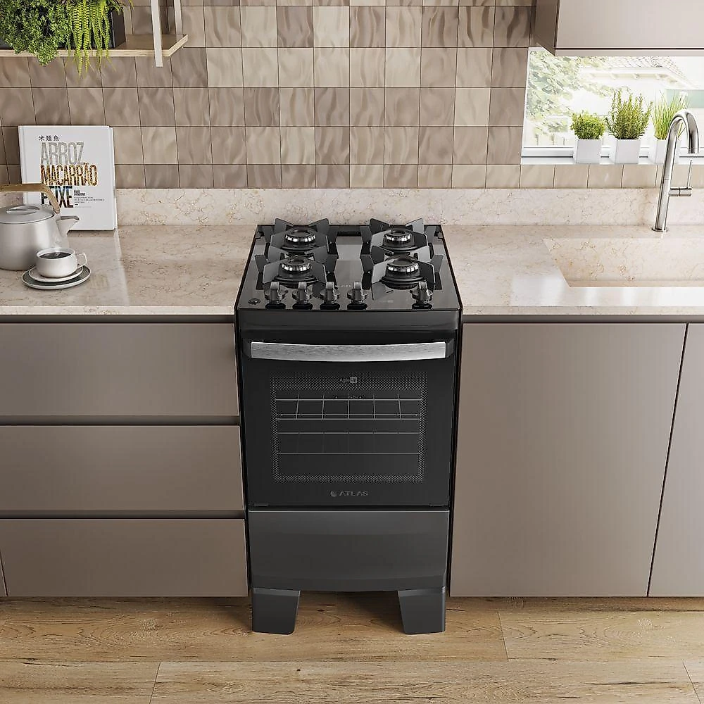 Fogão 4 Bocas Atlas Agile Up Glass Automático Mesa De Vidro Preto Bivolt