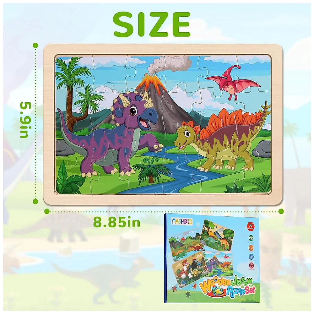 Quebra-Cabeças de Dinossauro de Madeira para Crianças de 3 a 8 Anos - Conjunto com 4 Pacotes de 20 Peças, NASHRIO