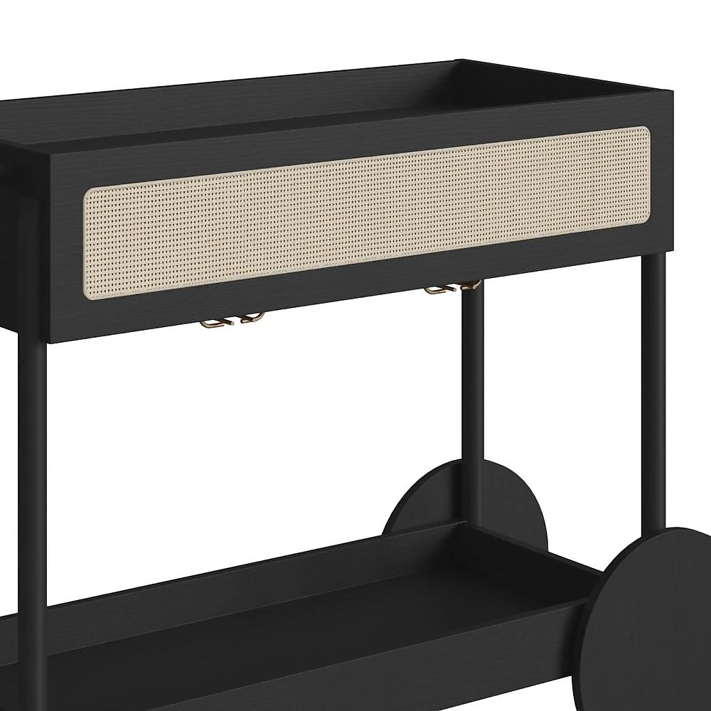 Carrinho Bar 1 Gaveta 112cm com Porta Taças Palhinha Pé Madeira Oslo Nero/Preto