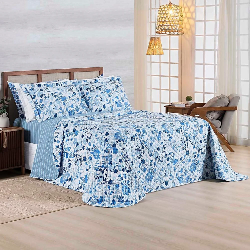 Kit cobre leito colcha belle casal padrão estampado dupla face 400 fios 3 peças florido azul