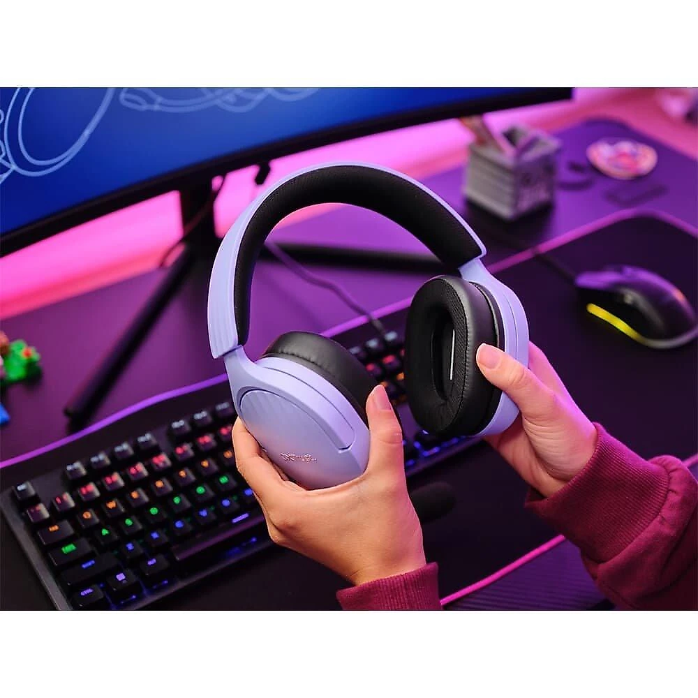 Headset Gamer GXTrust 489P Fayzo, Multiplataforma, P3, Microfone Destacável, Cancelamento de Ruído, Roxo - 25301