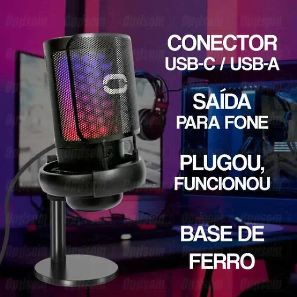 Microfone Condensador USB Gamer Utimix MT1060R para PC RGB Plug And Play Preto