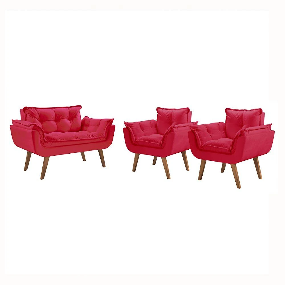 Conjunto Poltrona PÉs Madeira Opalla Suede Vermelho