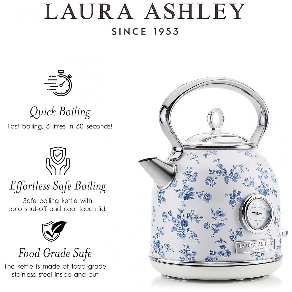 Chaleira Elétrica Laura Ashley 1,7L Inox Branco com Estampa Floral China Rose, Termômetro Externo, Filtro Removível, Dome VQ-SBPKK336-LACR-US 1500W