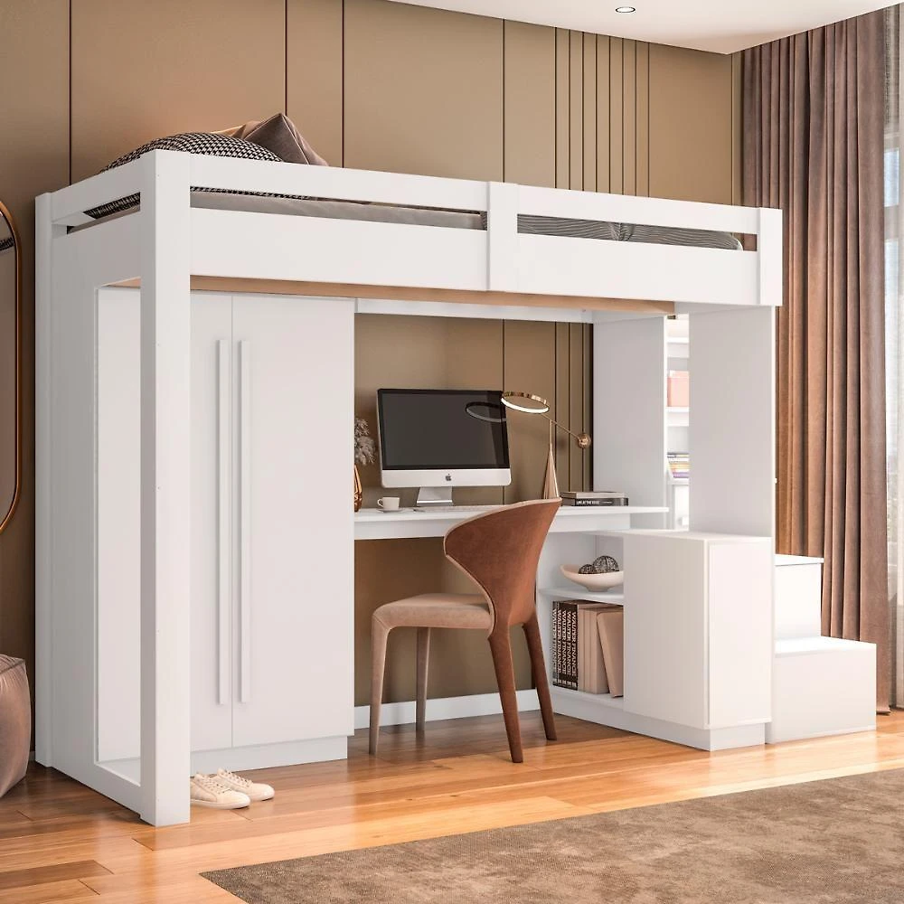 Cama Solteiro Alta com Guarda Roupa e Escrivaninha CRRUI-CAM014 MDF MDP Branco Multimóveis