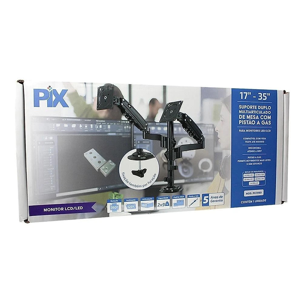 Suporte de Mesa Ajustavel com Pistao a Gas Para 2 Monitores PIX, 17" à 35", Preto - PX-H160