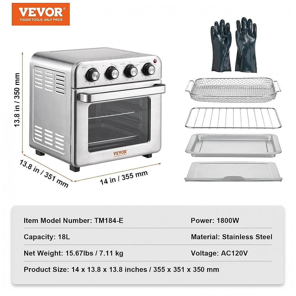 Forno Elétrico Air Fryer VEVOR 7 em 1, 18L, 1800W, Convecção 360°, Temporizador 60min, Aço Inox, Multiuso com Acessórios, 110V