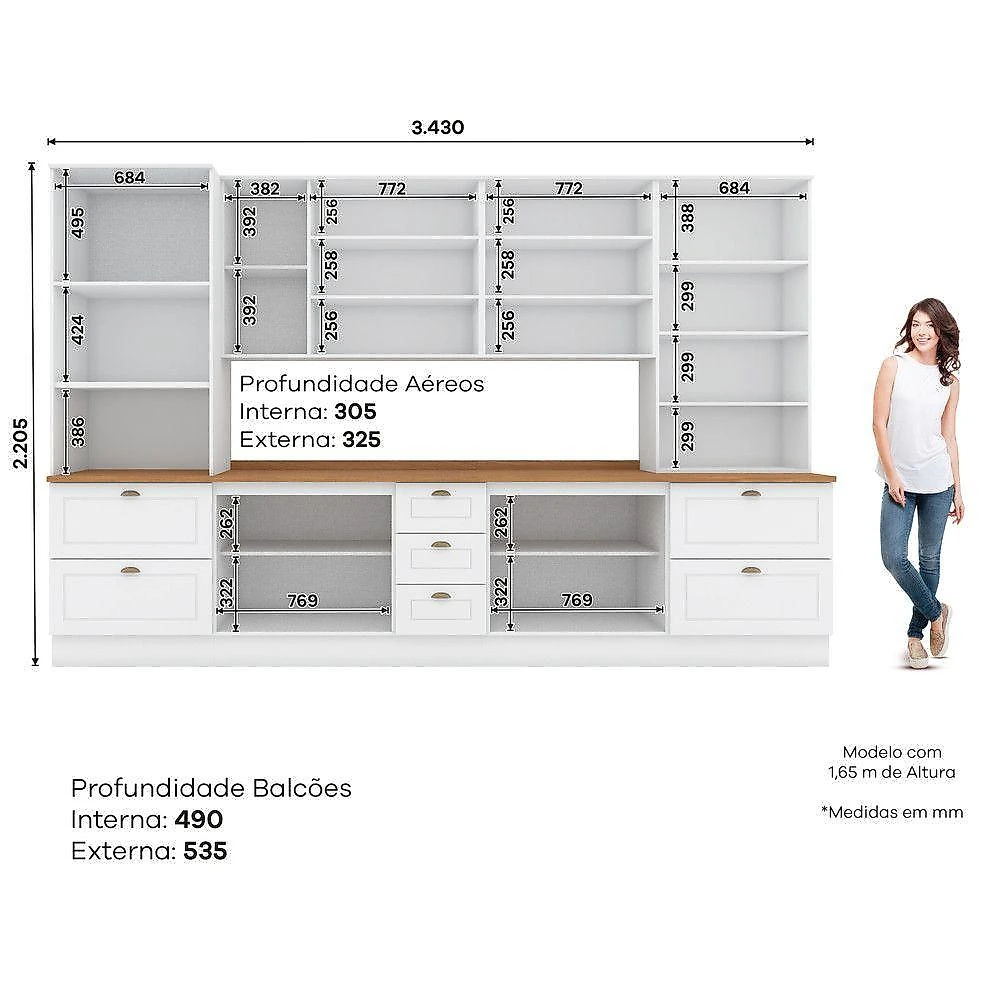 Cozinha Completa 6 Peças 17 Portas 11 Gavetas MDF MDP 343CM Branca com Torre Quente Móveis Henn webcontinental-7890022198907