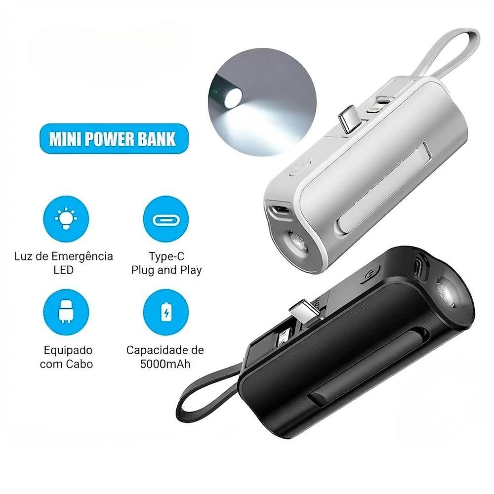Carregador Portátil Power Bank 2 em 1 Kapbom KA-9788 5000MAH com LED Tipo-C e Lightning 1 Unidade