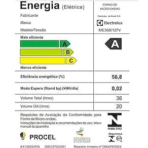 Forno de Micro-ondas Electrolux Efficient ME36B Funções Fermentar e Manter Aquecido Branco 36 L 110V