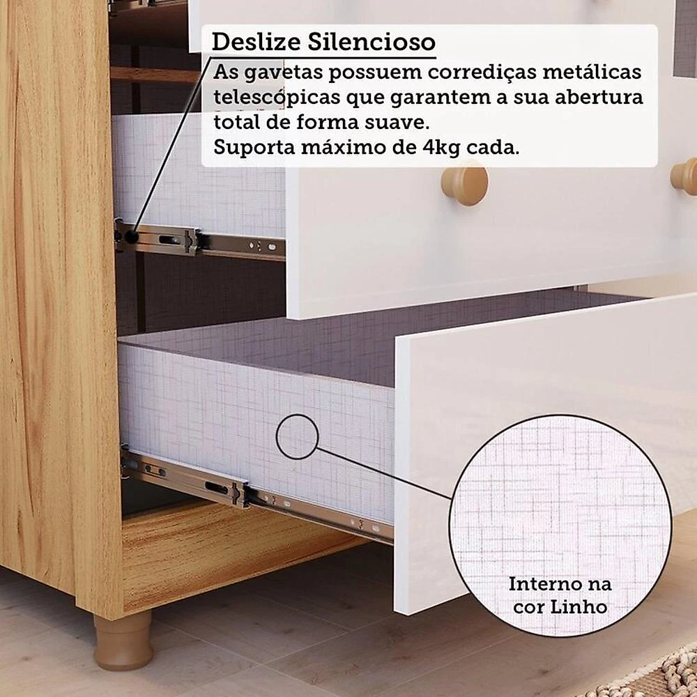 Quarto de Bebê Berço Minicama Guarda-roupa e Cômoda Janeladas 100% Mdf Maya Clássico Espresso Móveis Amêndoa/Branco Brilho