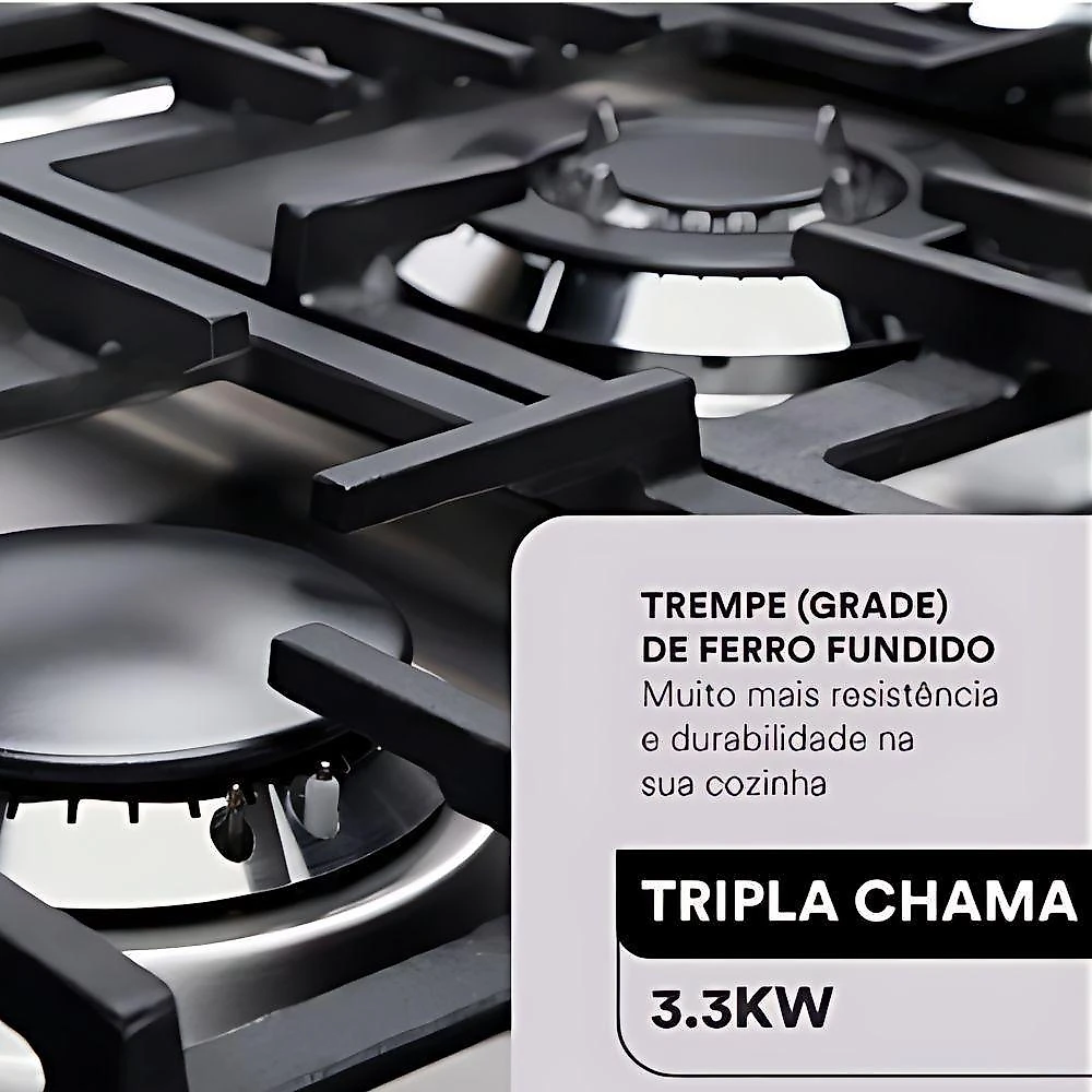 Fogão Cooktop Inox A Gás 5 Bocas 1 Dupla Ecg05 Eos + 2 Panelas Tramontina Turim Bivolt
