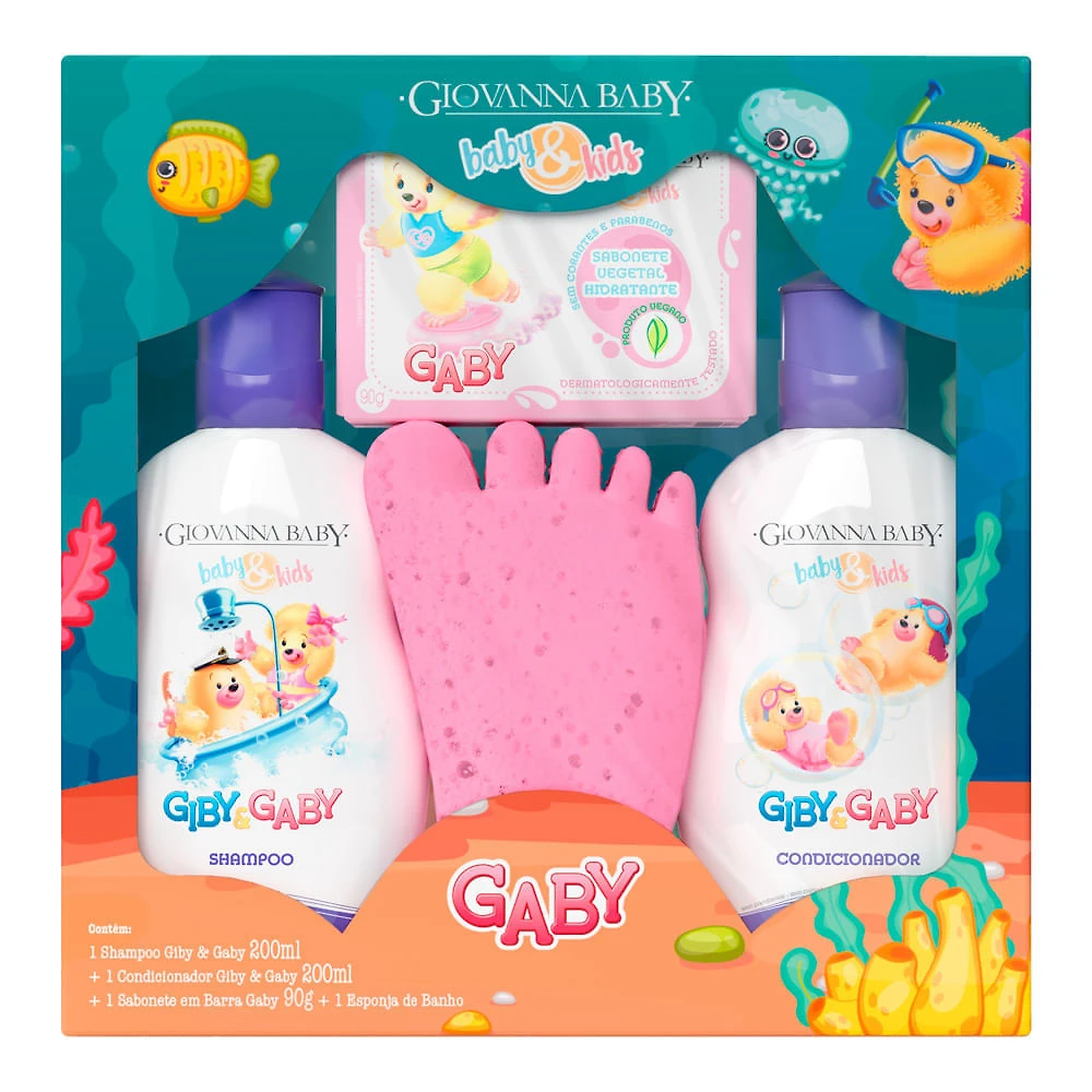 Shampoo e Condicionador Giovanna Baby e Kids Giby e Gaby 200ml cada Sabonete Vegetal Hidratante Gaby 90g Esponja de Banho
