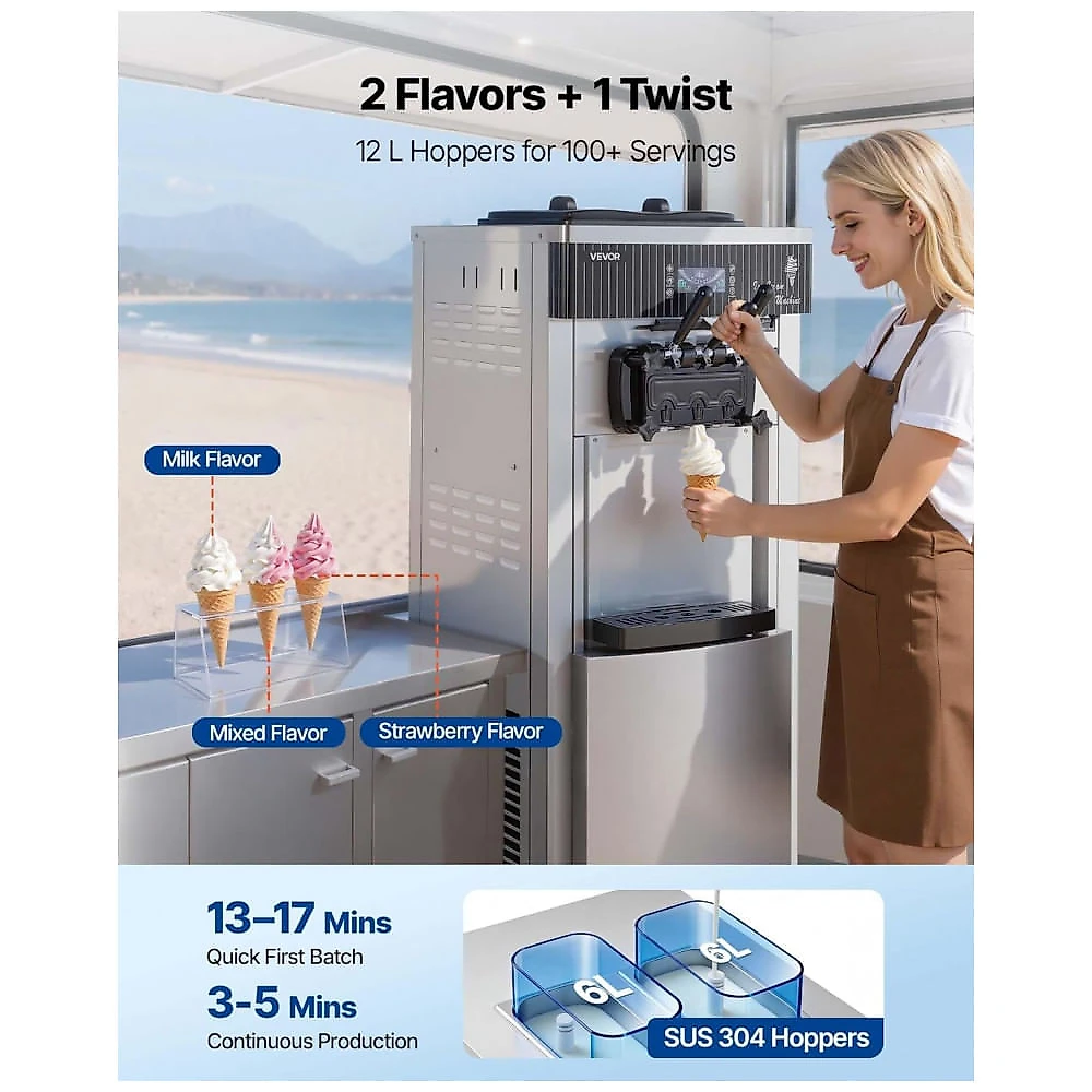 Máquina de Sorvete Soft VEVOR YKF-8228H 3 Sabores 2x6L 20-28L/H Pré-Resfriamento Auto Limpeza 2200W
