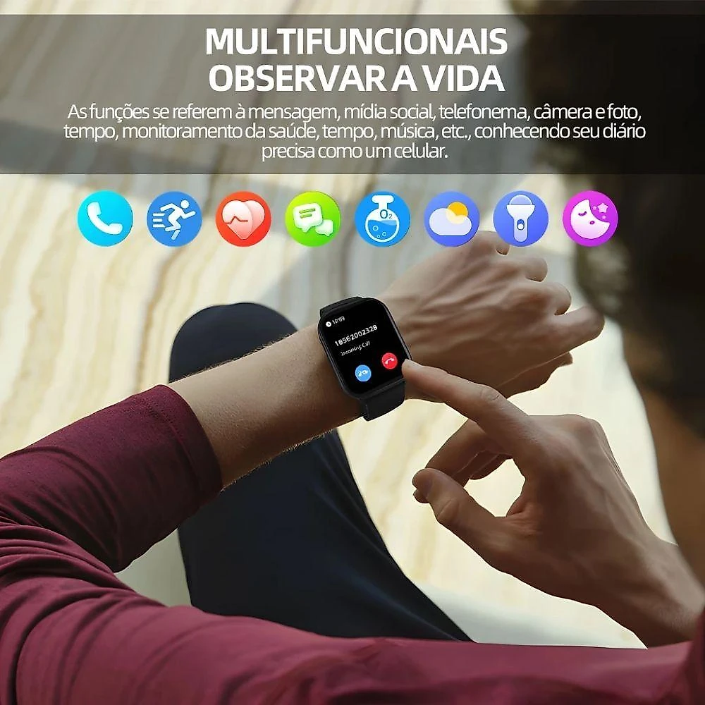 Smartwatch D20 Bettdow Tela Cheia 2,01 Monitoramento de Saúde Bateria Até 15 Dias Preto