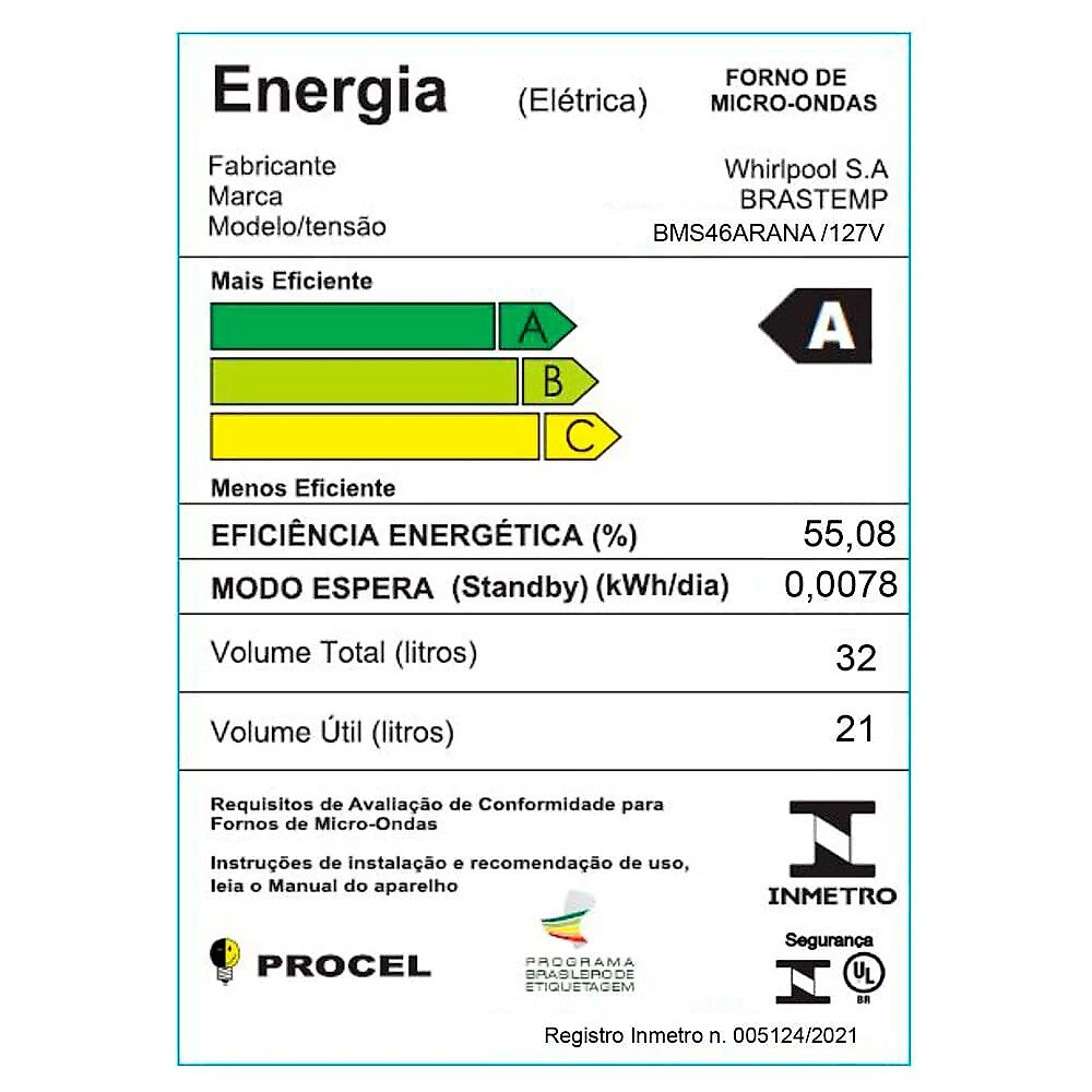 Micro-ondas Brastemp 32 Litros 18 Receitas Pré-Programadas BMS46AR Inox - 110V