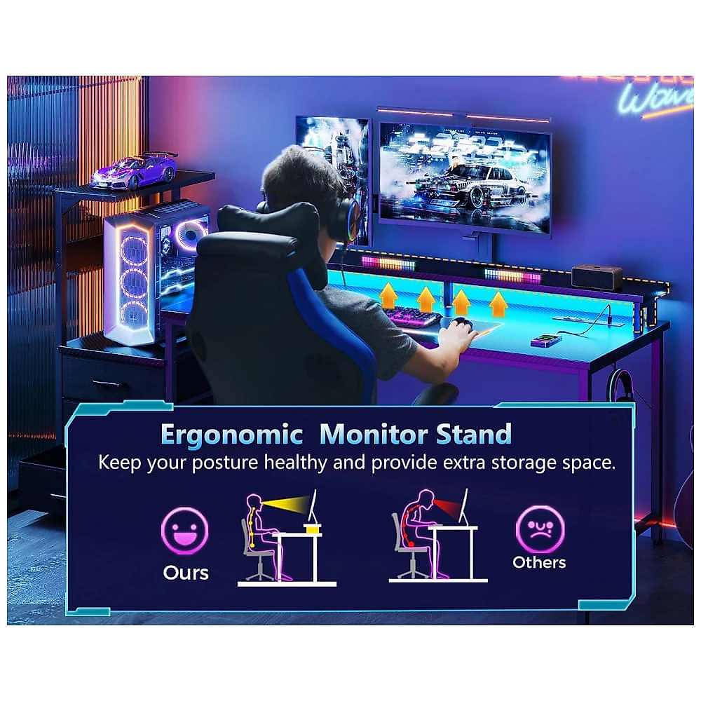 Mesa Gamer Reversível AODK 150 cm Fibra de Carbono Preto com Luzes LED, Tomadas USB, 3 Gavetas de Tecido e Suporte para Monitor,