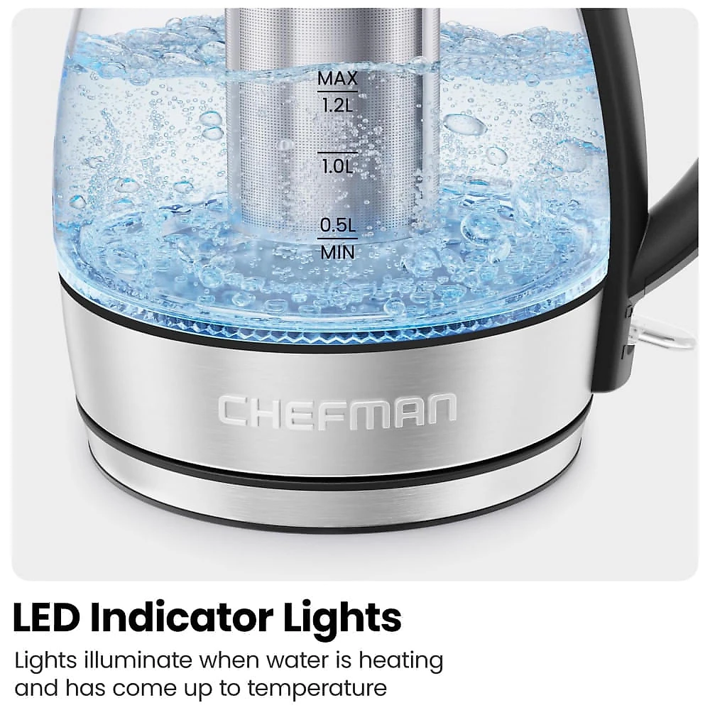 Chaleira Elétrica CHEFMAN 1.2L 1500W para Chá com Infusor de Inox, Desligamento Automático, Proteção contra Fervura a Seco e Luz LED