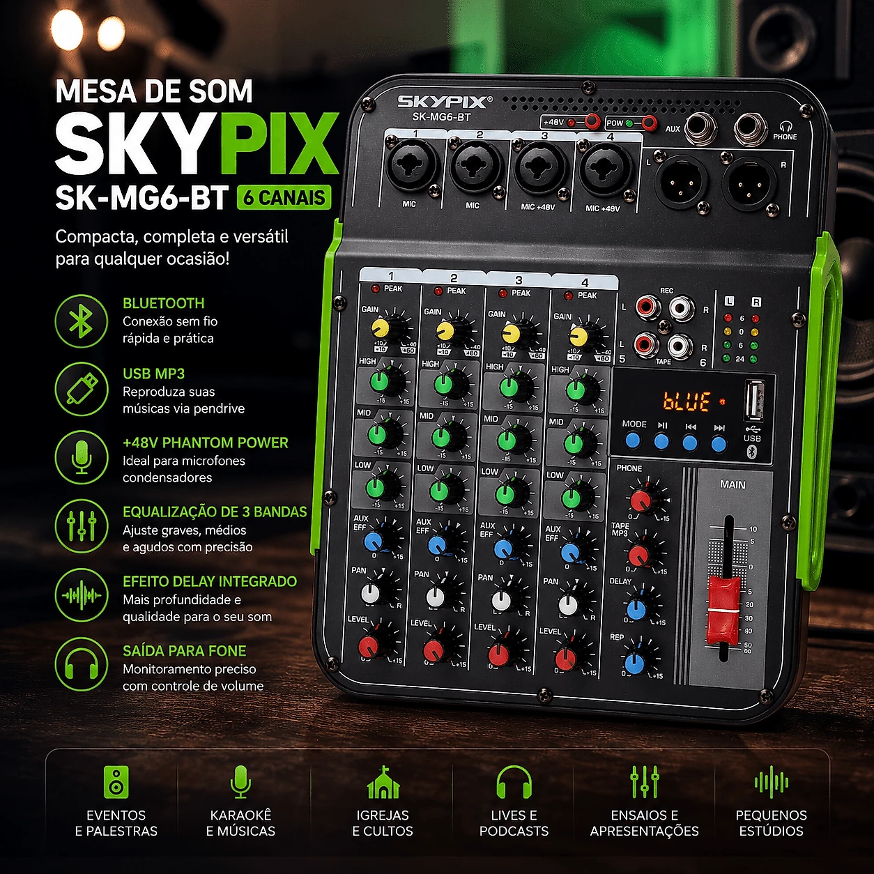 Mesa de Som Skypix SK-MG6-BT 6 Canais Bluetooth USB +48V
