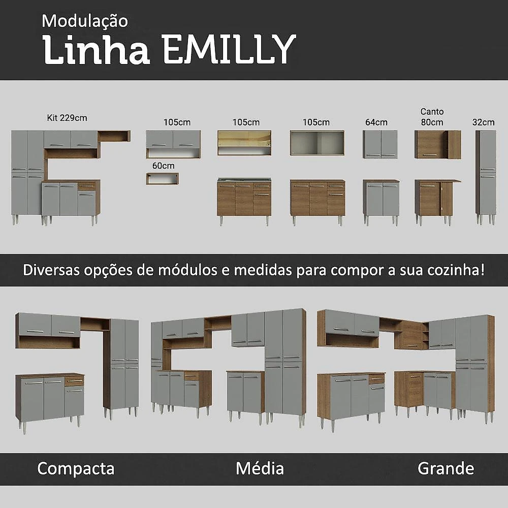Armário de Cozinha Completa 325cm Rustic/Cinza Emilly Madesa 02 Rustic/Cinza