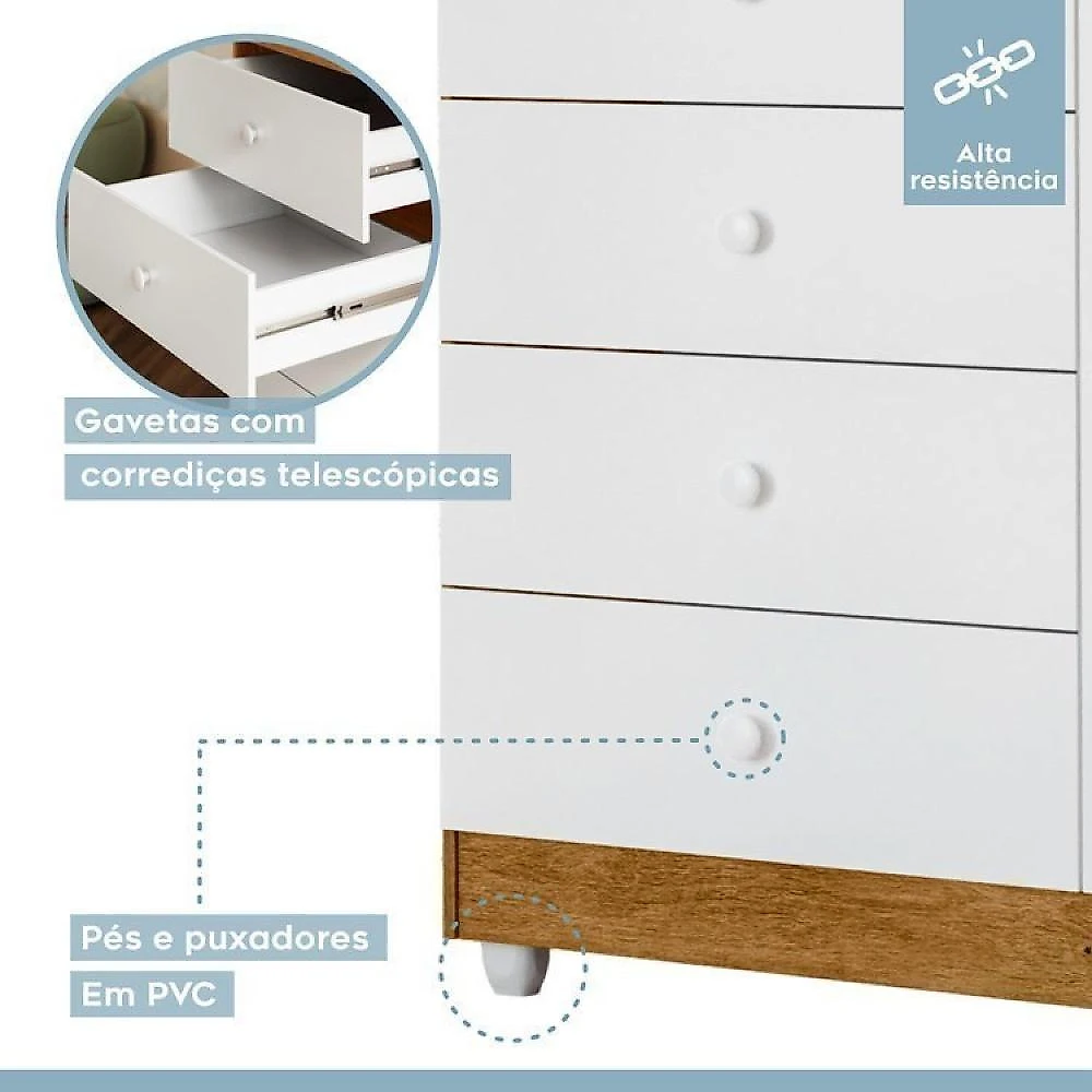 Quarto de Bebê com Berço Mini Cama, Cômoda 1 Porta 4 Gavetas e Roupeiro 100% Mdf 3 Portas 2 Gavetas Branco/Madeirado Ypê