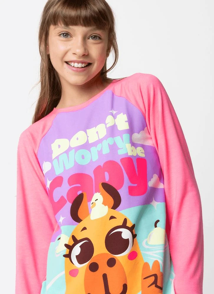 Pijama manga longa viscolycra menina teen capivara vibes