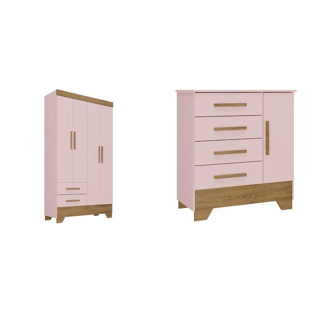 Miniatura Quarto Infantil Completo Guarda Roupa 4 Portas 2 Gavetas com Cômoda Liz Rosa Fosco/Nature