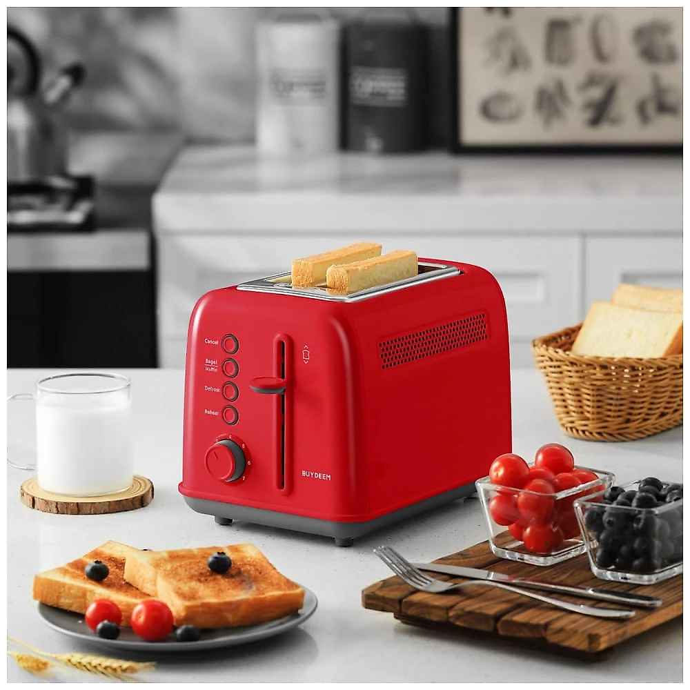 Torradeira BUYDEEM DT620 Vermelha 2 Fatias com Fendas Largas, Função Bagel e Muffin, Bandeja de Migalhas Removível e 7 Níveis de Tostagem, 120V