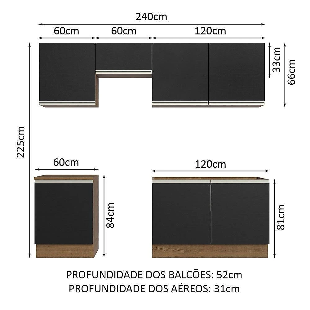 Armário De Cozinha 240Cm Rustic/Preto Glamy 09 Rustic/Preto