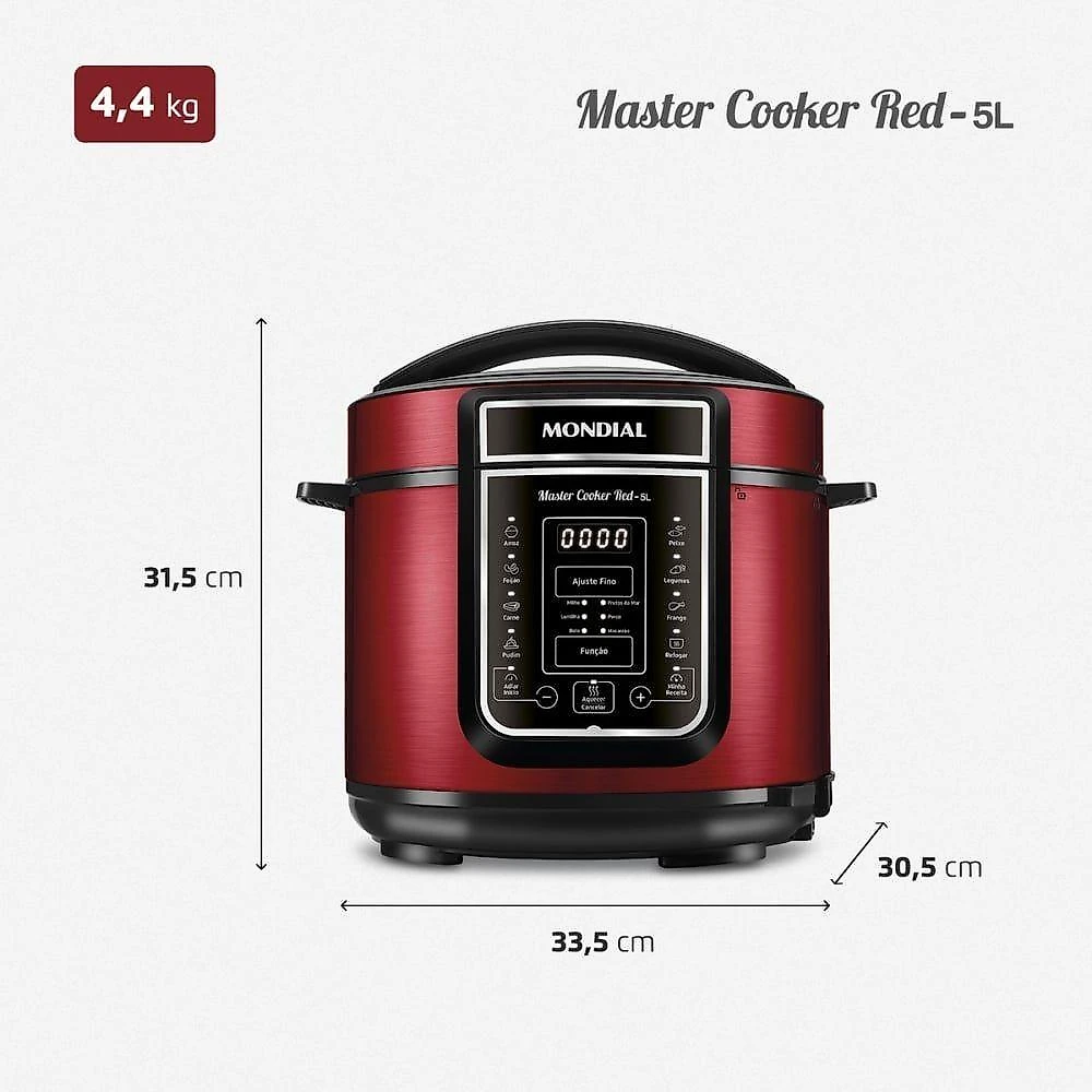Panela de Pressão Elétrica Digital PE-39 5L 900W com 14 Funções Vermelho 110V